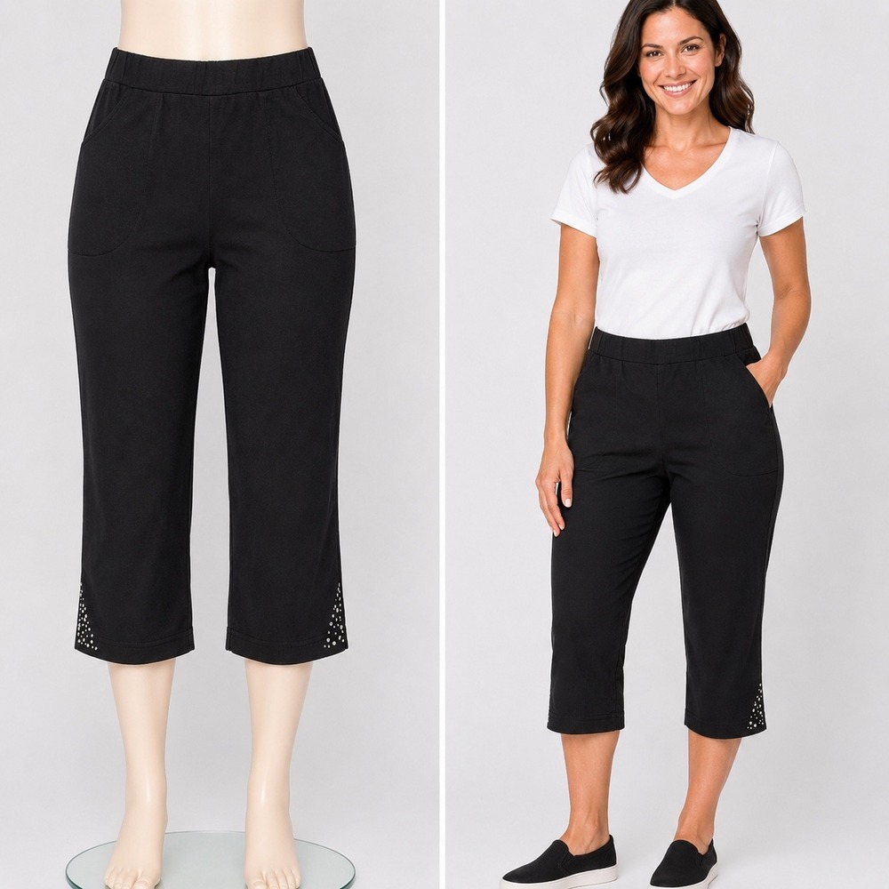 Quacker Factory Capri Pants Womens S Black Rhinestone Embellished French Terry